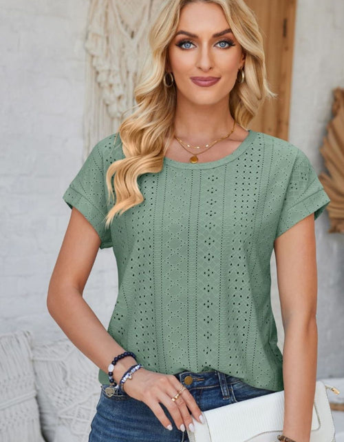 Load image into Gallery viewer, Eyelet Round Neck Rolled Short Sleeve T-Shirt
