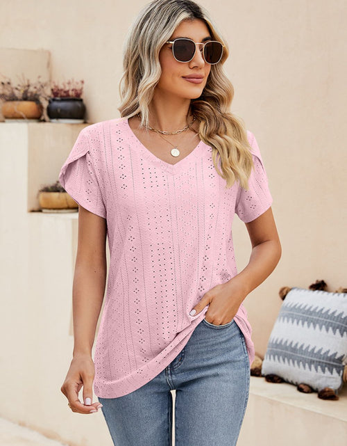 Load image into Gallery viewer, Eyelet Petal Sleeve V-Neck Knit Top
