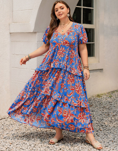 Load image into Gallery viewer, Plus Size Ruffled Printed V-Neck Short Sleeve Maxi Dress
