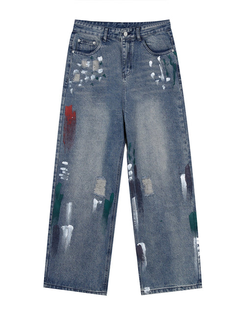 Load image into Gallery viewer, Washed Distressed Wide-Leg Jeans
