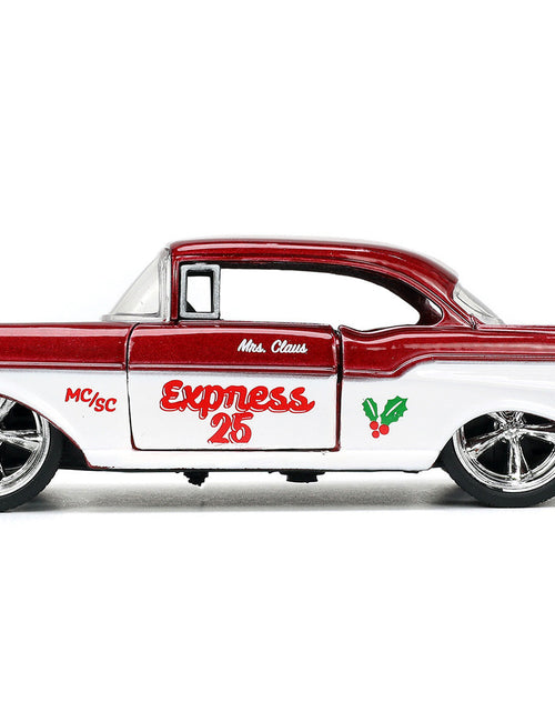 Load image into Gallery viewer, 1941 Ford Pickup Truck Red and White "Santa's Workshop" and 1957 Chevrolet Bel Air Red Metallic and White "Express 25" with Mr. and Mrs. Santa Claus Diecast Figures "Holiday Rides" Series 1/32 Diecast Model Cars by Jada

