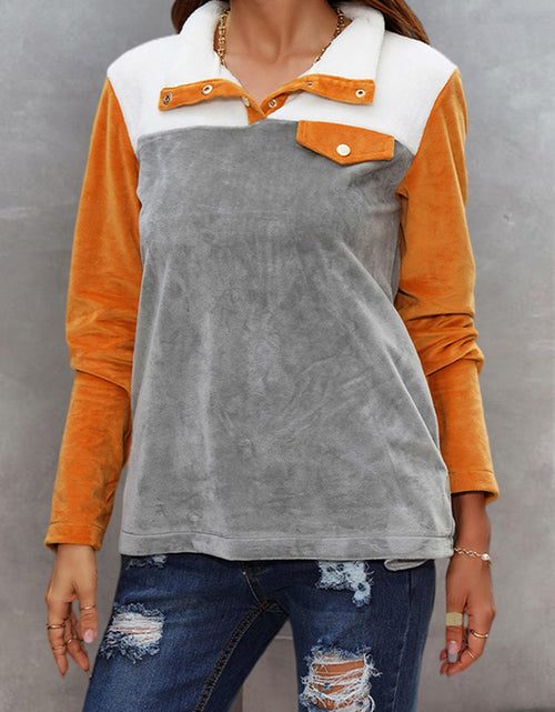 Load image into Gallery viewer, Shiny Color Block Collared Sweatshirt with Pockets
