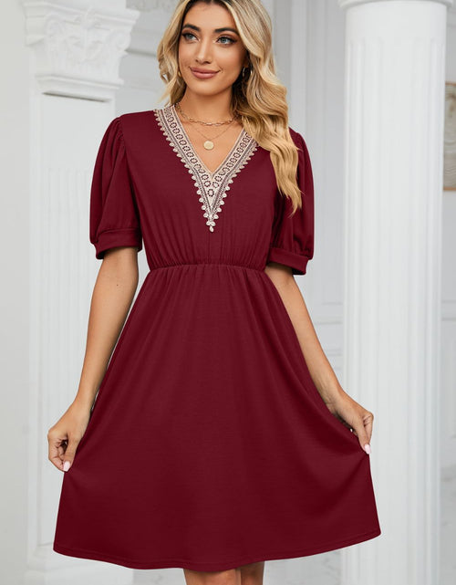 Load image into Gallery viewer, Contrast V-Neck Puff Sleeve Pocket Dress
