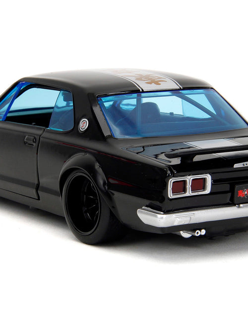 Load image into Gallery viewer, 1971 Nissan Skyline GT-R RHD (Right Hand Drive) Black with Silver Stripe and Mikey Diecast Figure "Tokyo Revengers" (2021) TV Series "Anime Hollywood Rides" Series 1/24 Diecast Model Car by Jada
