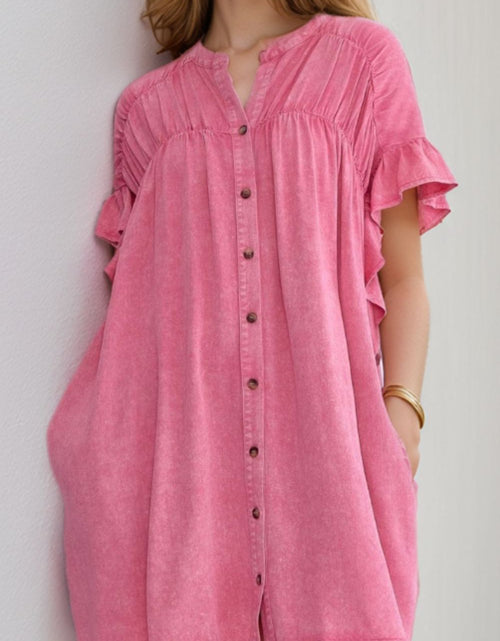 Load image into Gallery viewer, Ruffled Short Sleeve Buttoned Denim Mini Dress
