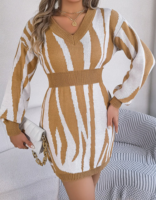 Load image into Gallery viewer, Animal Print V-Neck Long Sleeve Sweater Dress
