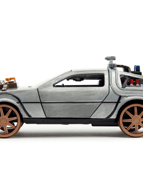 Load image into Gallery viewer, DeLorean DMC (Time Machine) Brushed Metal Train Wheel Version "Back to the Future Part III" (1990) Movie "Hollywood Rides" Series 1/32 Diecast Model Car by Jada
