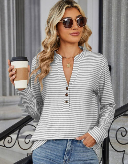 Load image into Gallery viewer, Striped Notched Long Sleeve T-Shirt
