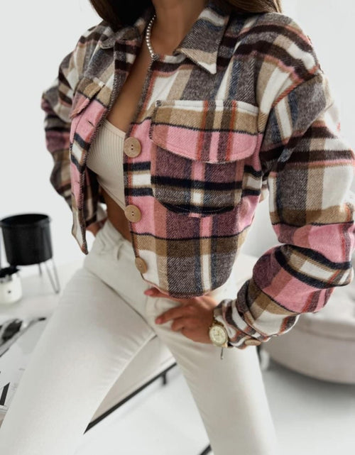 Load image into Gallery viewer, Pocketed Collared Neck Long Sleeve Plaid Jacket
