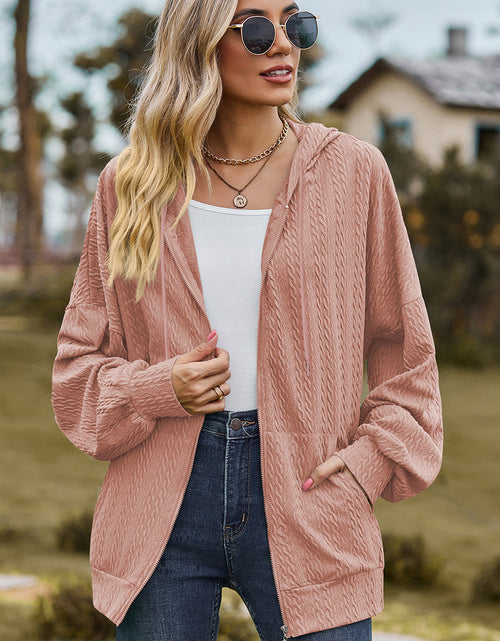Load image into Gallery viewer, Drawstring Zip Up Dropped Shoulder Hoodie
