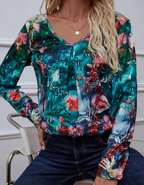 Load image into Gallery viewer, Shiny Printed V-Neck Long Sleeve Blouse
