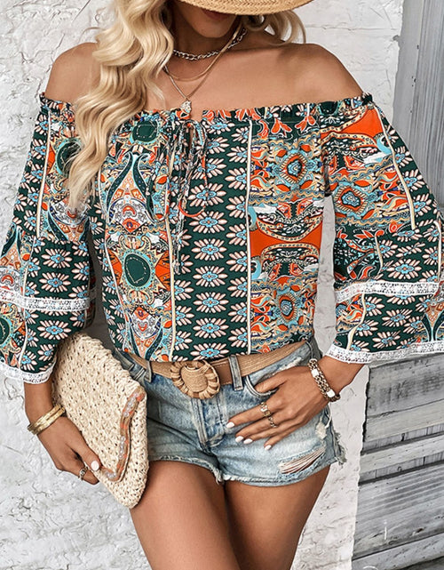 Load image into Gallery viewer, Perfee Printed Frill Trim Off-Shoulder Blouse
