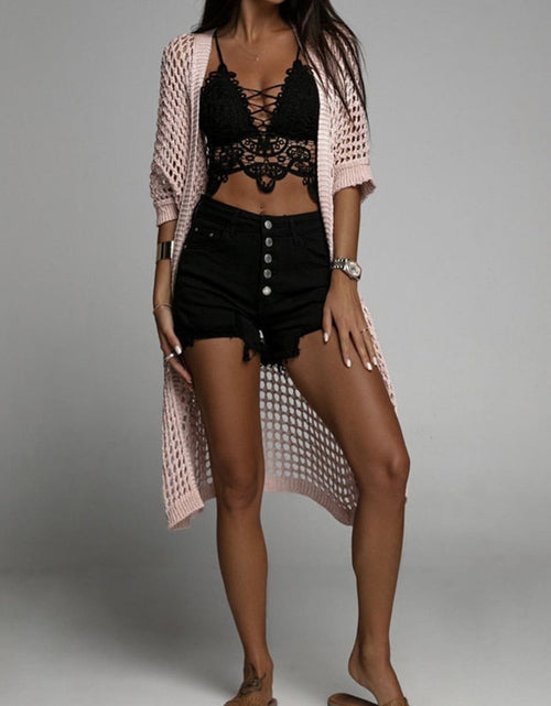 Load image into Gallery viewer, Openwork Open Front Three-Quarter Sleeve Cover Up
