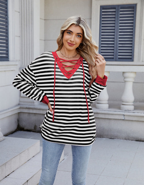 Load image into Gallery viewer, Lace-Up Striped Long Sleeve T-Shirt
