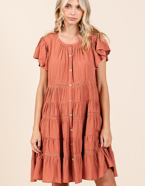 Load image into Gallery viewer, Mittoshop Lace Detail Ruffled Button Down Tiered Dress
