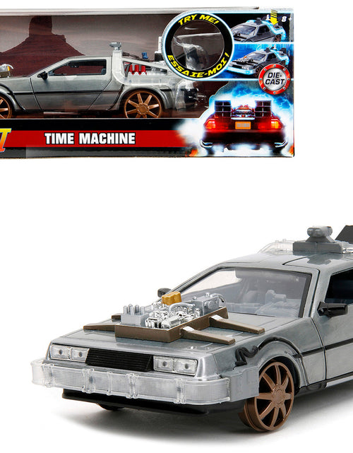 Load image into Gallery viewer, DeLorean Brushed Metal Time Machine (Train Wheel Version) with Lights "Back to the Future Part III" (1990) Movie "Hollywood Rides" Series 1/24 Diecast Model Car by Jada
