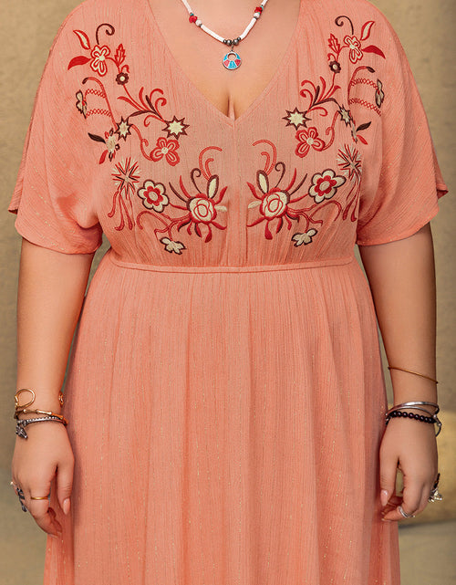 Load image into Gallery viewer, Plus Size Frill Embroidered V-Neck Half Sleeve Maxi Dress
