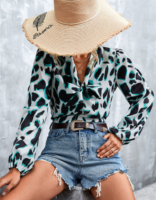Load image into Gallery viewer, Printed Tie Neck Puff Sleeve Blouse
