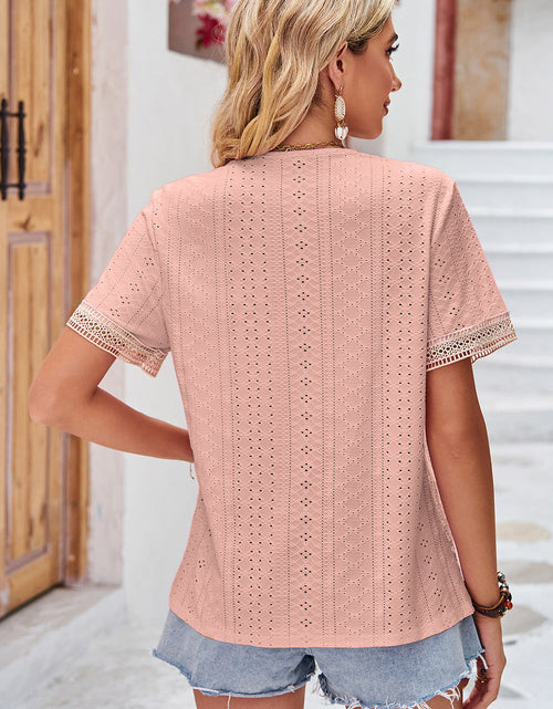 Load image into Gallery viewer, Eyelet V-Neck Short Sleeve T-Shirt
