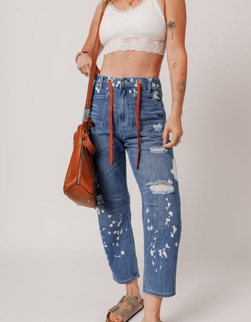 Load image into Gallery viewer, Distressed Splattering Paint Rope Waist Cropped Straight Jeans
