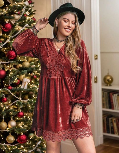 Load image into Gallery viewer, Plus Size Lace Detail V-Neck Long Sleeve Mini Dress
