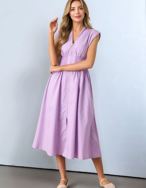 Load image into Gallery viewer, Smocked Zip Front Cap Sleeve Dress
