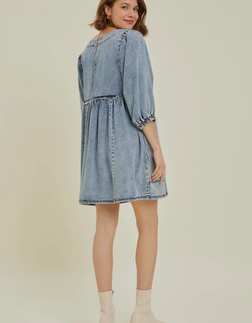 Load image into Gallery viewer, Cutout Round Neck Balloon Sleeve Denim Dress
