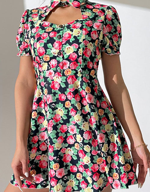 Load image into Gallery viewer, Shiny Floral Buttoned Cutout Puff Sleeve Dress
