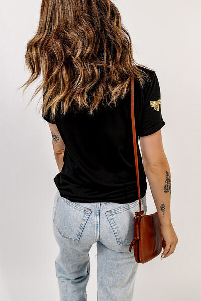 Load image into Gallery viewer, Bow Print Sequin Round Neck Short Sleeve T-Shirt
