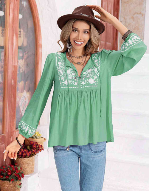 Load image into Gallery viewer, Floral Tie Neck Balloon Sleeve Blouse
