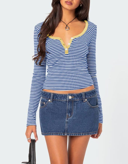 Load image into Gallery viewer, Buttoned Striped Long Sleeve T-Shirt
