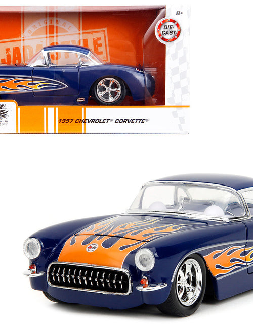 Load image into Gallery viewer, 1957 Chevrolet Corvette Dark Blue with Flame Graphics and White Interior "Bigtime Muscle" Series 1/24 Diecast Model Car by Jada
