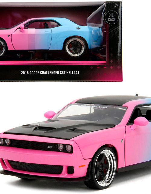 Load image into Gallery viewer, 2015 Dodge Challenger SRT Hellcat Pink and Blue Gradient with Matt Black Hood and Top "Pink Slips" Series 1/24 Diecast Model Car by Jada
