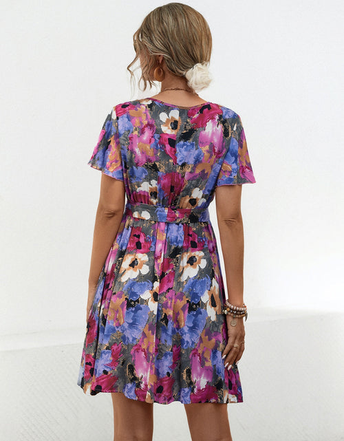 Load image into Gallery viewer, Printed Surplice Tie Waist Mini Dress
