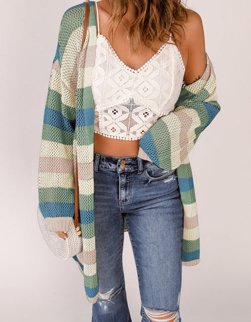 Load image into Gallery viewer, Full Size Striped Long Sleeve Openwork Cardigan
