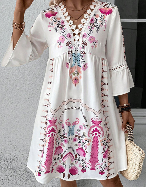 Load image into Gallery viewer, Lace Detail Printed Three-Quarter Sleeve Dress
