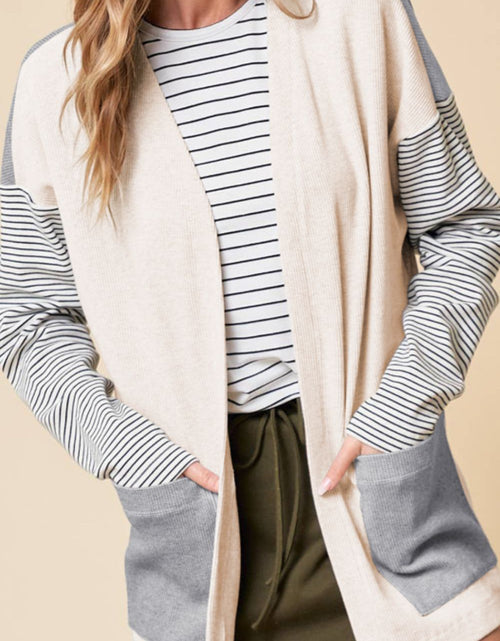 Load image into Gallery viewer, Open Front Long Sleeve Striped Cardigan with Pockets
