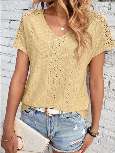 Load image into Gallery viewer, Eyelet V-Neck Short Sleeve T-Shirt

