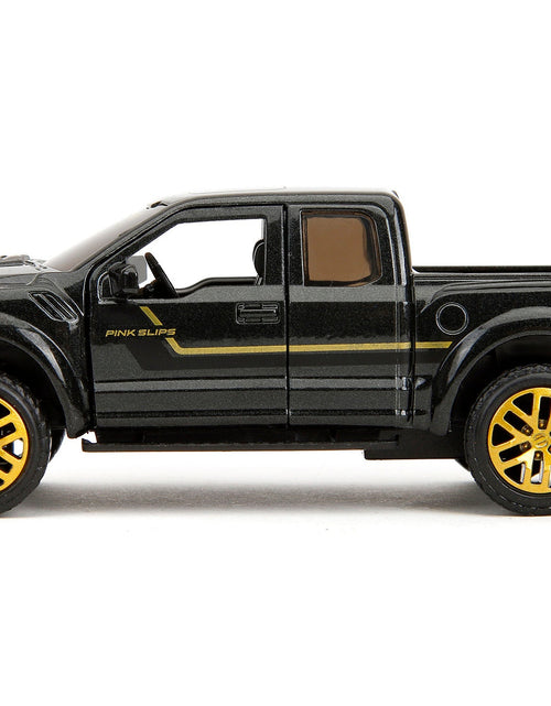 Load image into Gallery viewer, 2017 Ford F-150 Raptor Pickup Truck Black Metallic with Gold Stripes "Pink Slips" Series 1/32 Diecast Model Car by Jada
