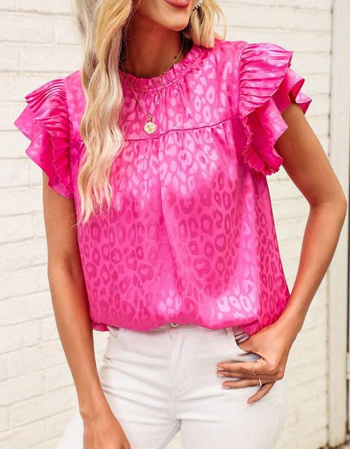 Load image into Gallery viewer, Leopard Frill Mock Neck Ruffled Cap Sleeve Top
