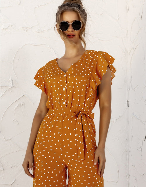 Load image into Gallery viewer, Ruffled Polka Dot Half Button Romper
