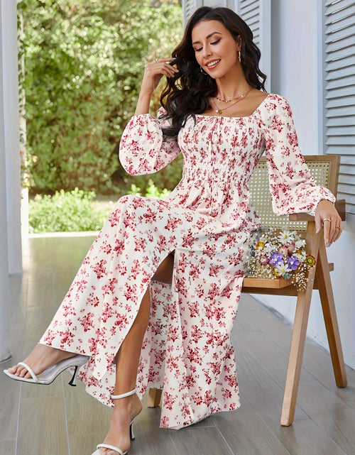Load image into Gallery viewer, Slit Smocked Floral Square Neck Balloon Sleeve Midi Dress
