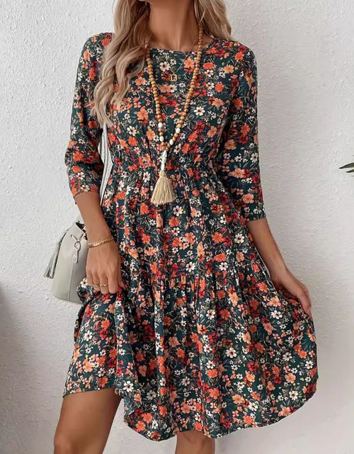 Load image into Gallery viewer, Frill Floral Round Neck Dress
