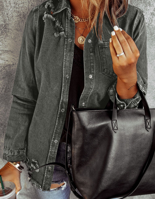Load image into Gallery viewer, Distressed Raw Hem Snap Down Denim Jacket

