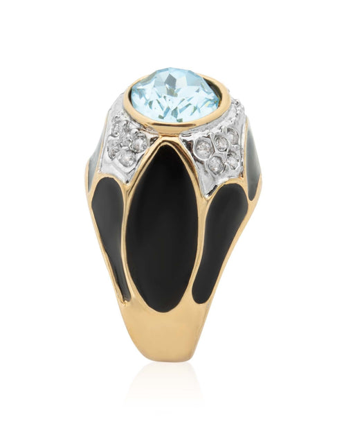 Load image into Gallery viewer, Vintage Ring 1980s Black Enamel Ring with Ruby Cabochon Stone Surrounded by Clear Crystals (6) by PVD Vintage Jewelry

