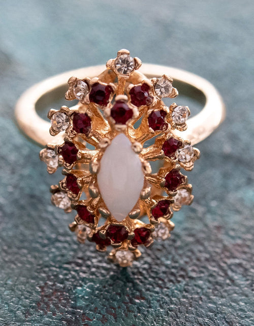 Load image into Gallery viewer, Vintage Ring Genuine Opal with Clear and Ruby Austrian Crystals 18kt Yellow Gold Electroplated by PVD Vintage Jewelry
