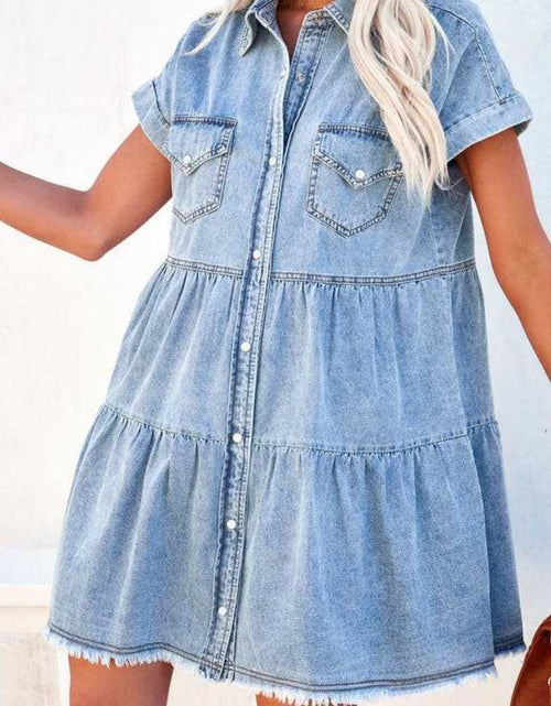 Load image into Gallery viewer, Raw Hem Button Down Denim Mini Dress
