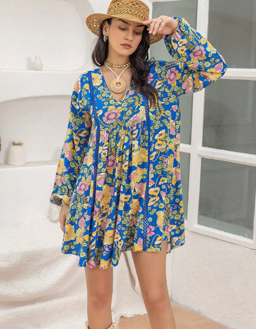 Load image into Gallery viewer, Printed V-Neck Balloon Sleeve Mini Dress
