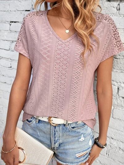Load image into Gallery viewer, Eyelet V-Neck Short Sleeve T-Shirt
