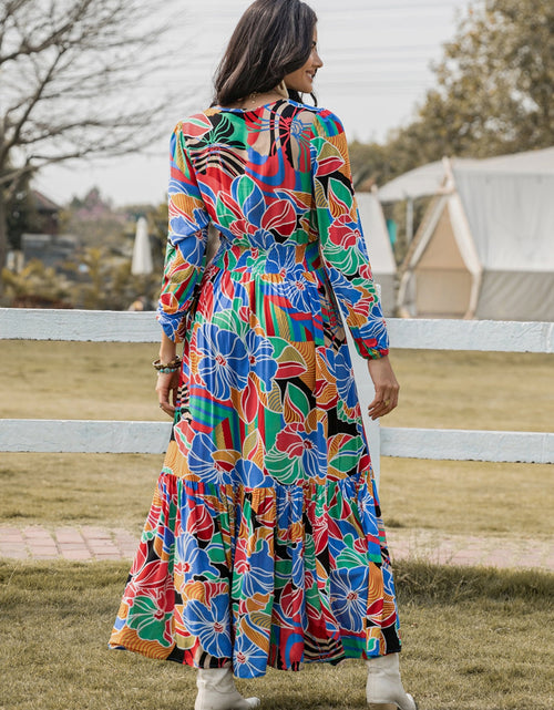 Load image into Gallery viewer, Printed Smocked Tie Neck Balloon Sleeve Maxi Dress
